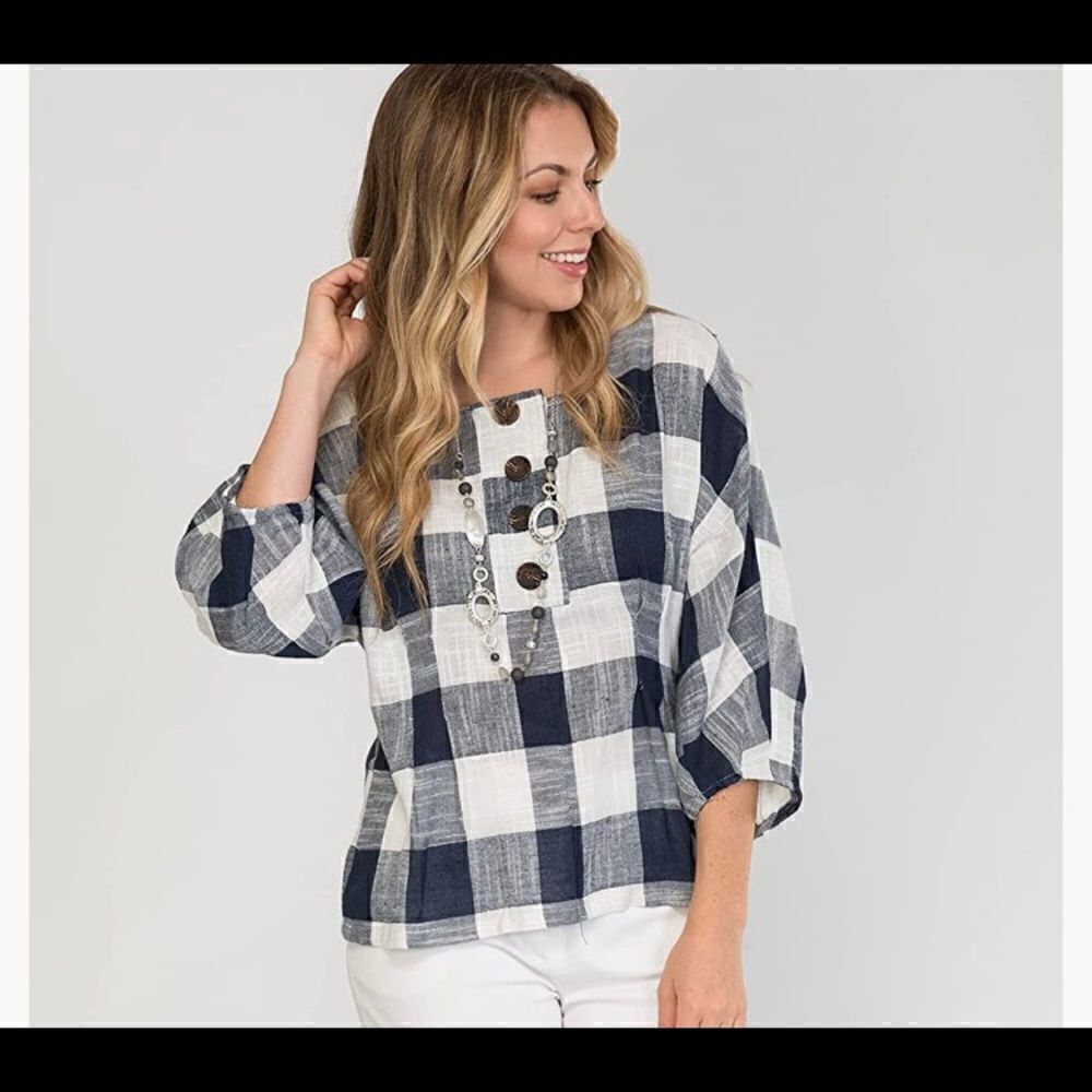 ARIANNA by Howard linen and rayon checks print top skirt small medium blue white